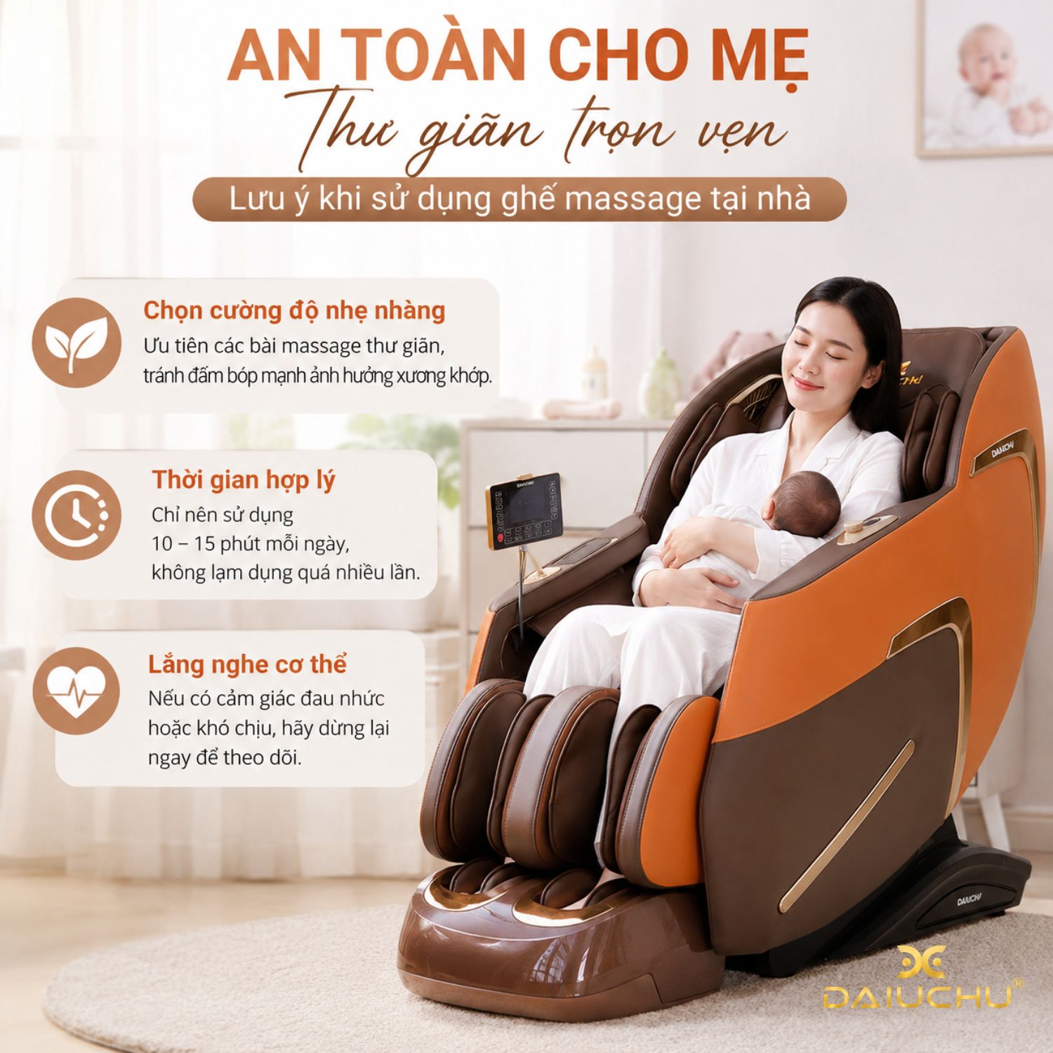 Các nguyên tắc an toàn mẹ bỉm cần nhớ khi sử dụng ghế massage cho phụ nữ sau sinh tại nhà.